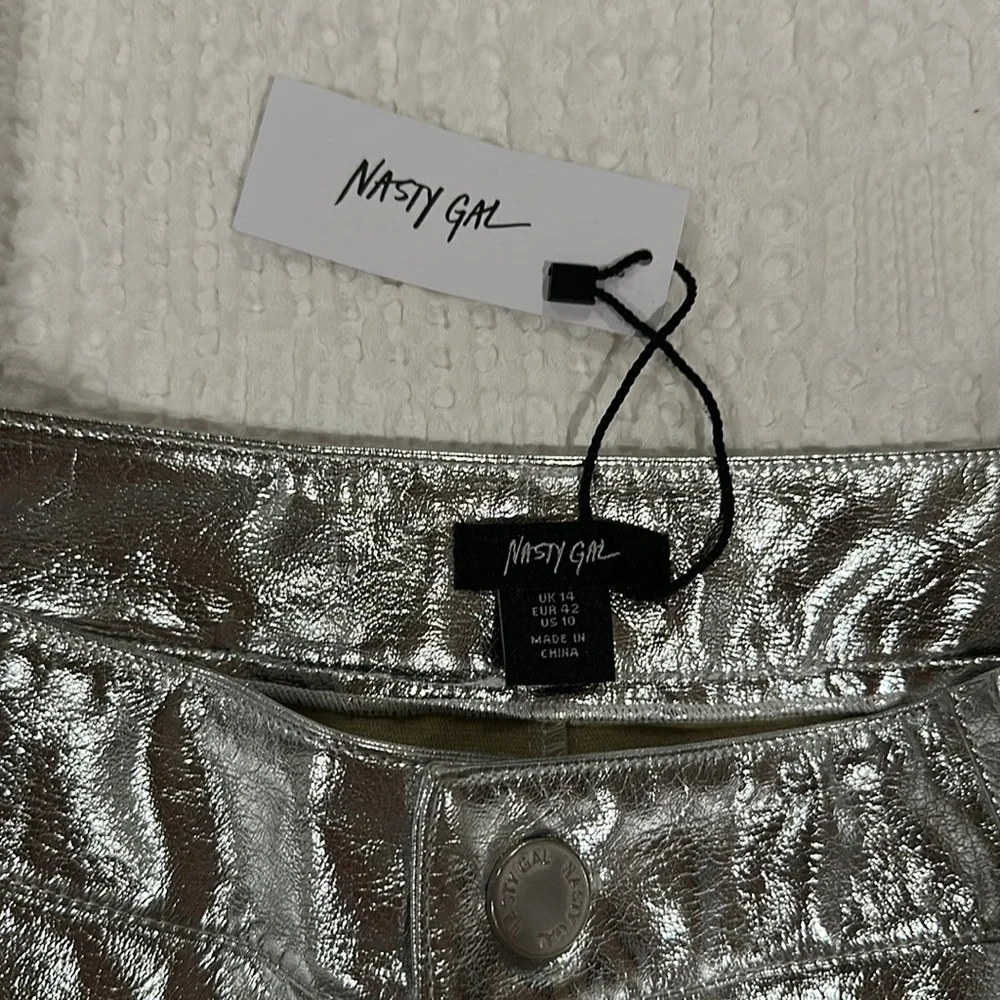 NASTY GAL Metallic Star Bum Faux Leather Trousers Silver Pants - Picture 7 of 12